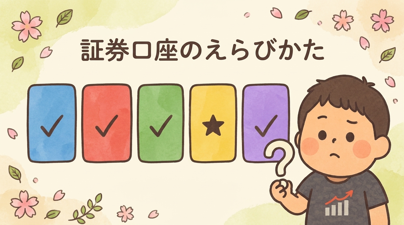 証券口座のえらびかた（5色のカードを比較するイラスト）